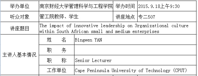 学术报告：The impact of innovative leadership on 3rganizational culture within South African small and medium enterprises